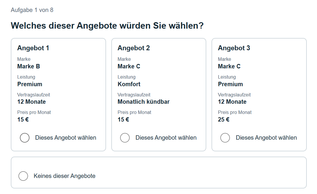 CBC-Demo mit drei Angeboten und der Option Keines dieser Angebote